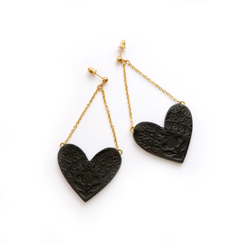 Bold gemstone earrings for standout style-SWEET BLACK HEART .  large earrings