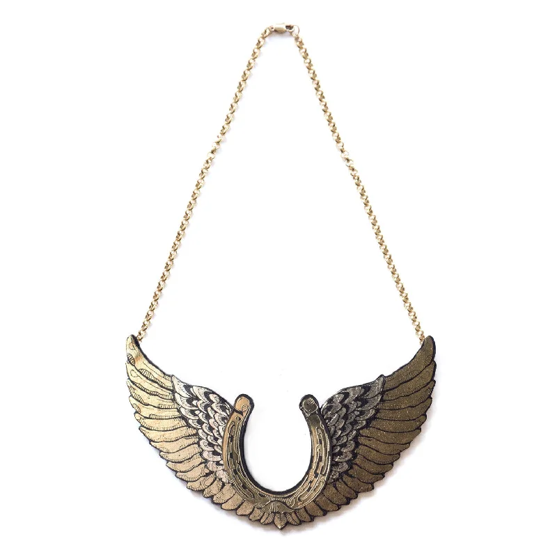 Black onyx necklaces for sleek, modern style-WINGED HORSESHOE . necklace