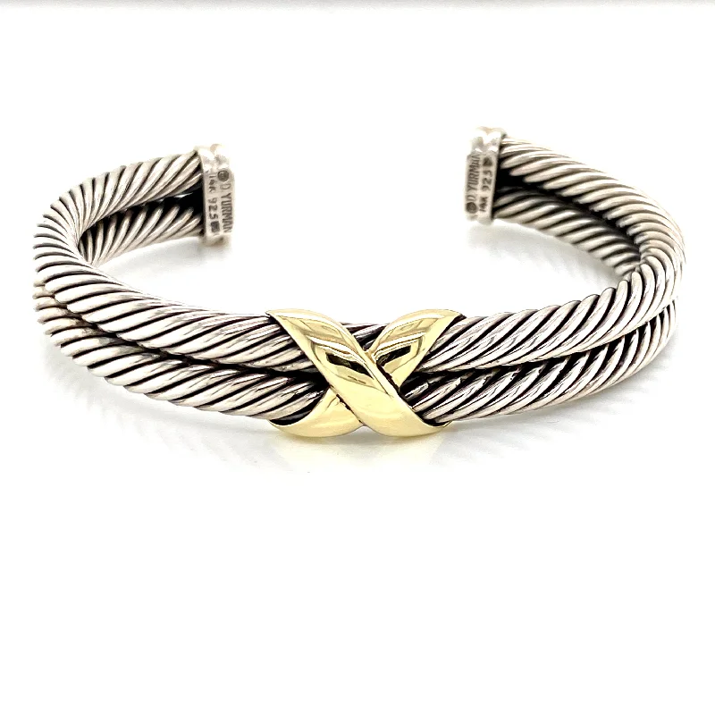 Classic gold bangles for timeless elegance-14K Yellow Gold + Sterling Silver "X" Cuff Bangle