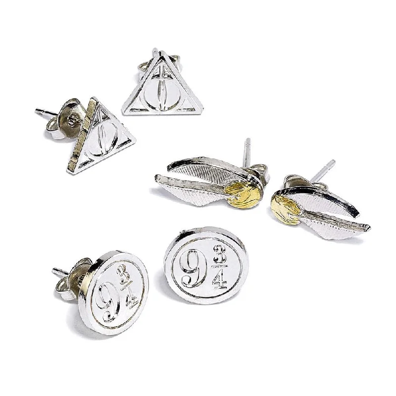 High-fashion earrings for red carpet events-Harry Potter Earrings 3-Pack Snitch/Deathly Hallows/Platform 9 3/4 (silver plated)