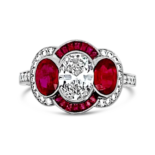 Silver rings with intricate detailing-Oval Diamond & Ruby Ring