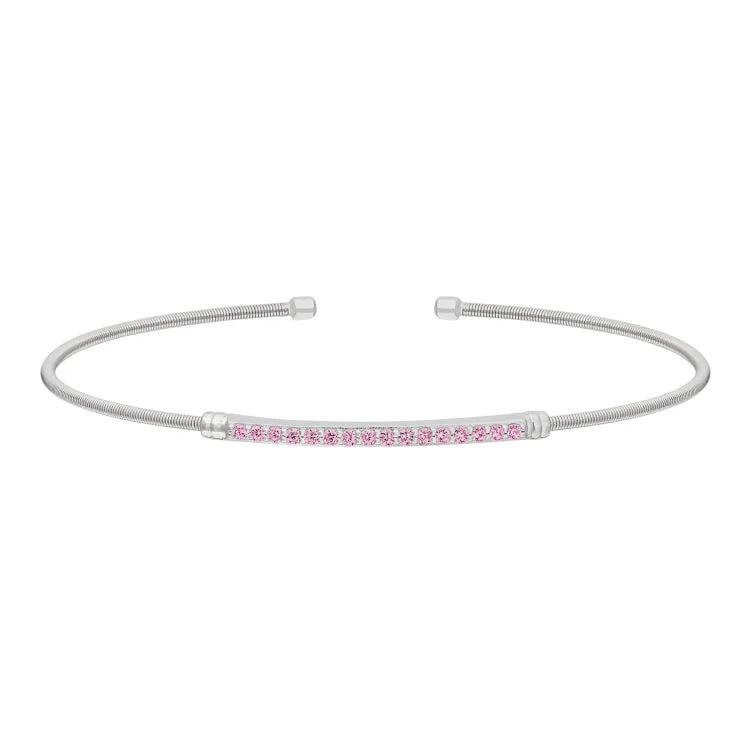 Adjustable bracelets for the perfect fit-Rhodium Finish Sterling Silver Cable Cuff Bracelet with Simulated Pink Sapphire Birth Gems - October