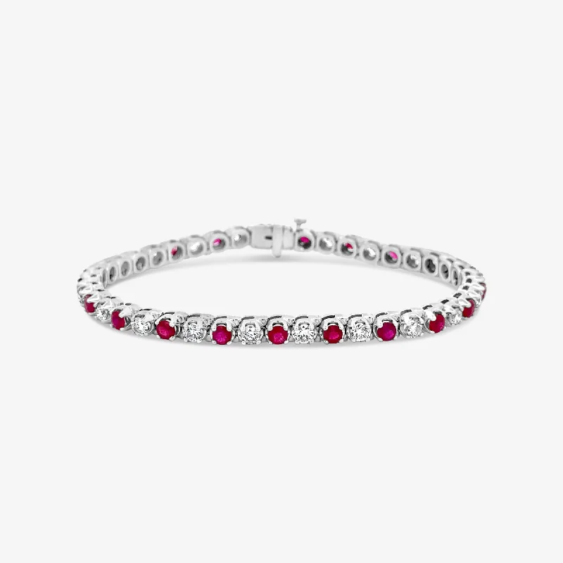 Simple bangle bracelets for minimalistic style-Round Ruby & Diamond Tennis Bracelet