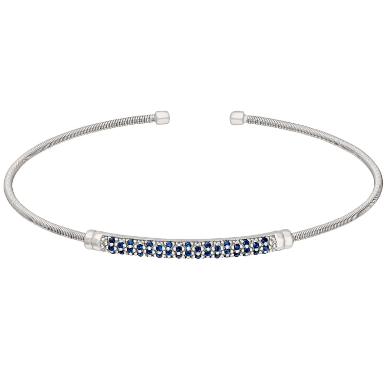 Custom logo bracelets for branded merchandise-Rhodium Finish Sterling Silver Cable Cuff Bracelet with Three Rows of Simulated Blue Sapphire Birth Gems - September