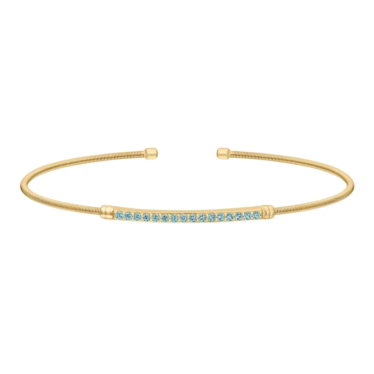 Boho-style bracelets for a laid-back vibe-Gold Finish Sterling Silver Cable Cuff Bracelet with Simulated Aquamarine Birth Gems - March