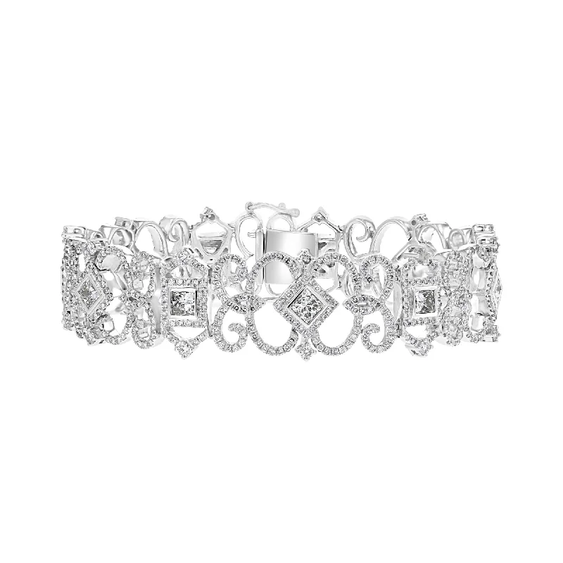 Trendy cuff bracelets for modern style-18KT White Gold 8.39 CTW Diamond Scroll Bracelet