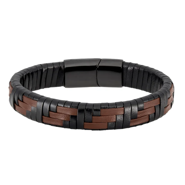 Gemstone bangle bracelets for colorful elegance-Black and Brown Basket Weave Leather Stainless Steel Bracelet