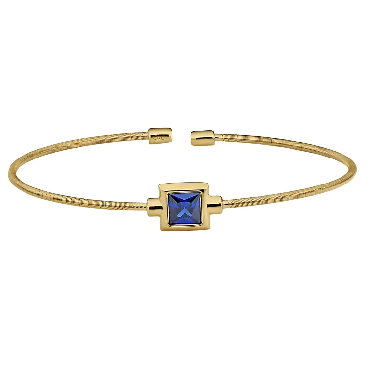 Personalized metal bracelets for custom designs-Gold Finish Sterling Silver Cable Cuff Bracelet with Princess Cut Simulated Blue Topaz Birth Gem