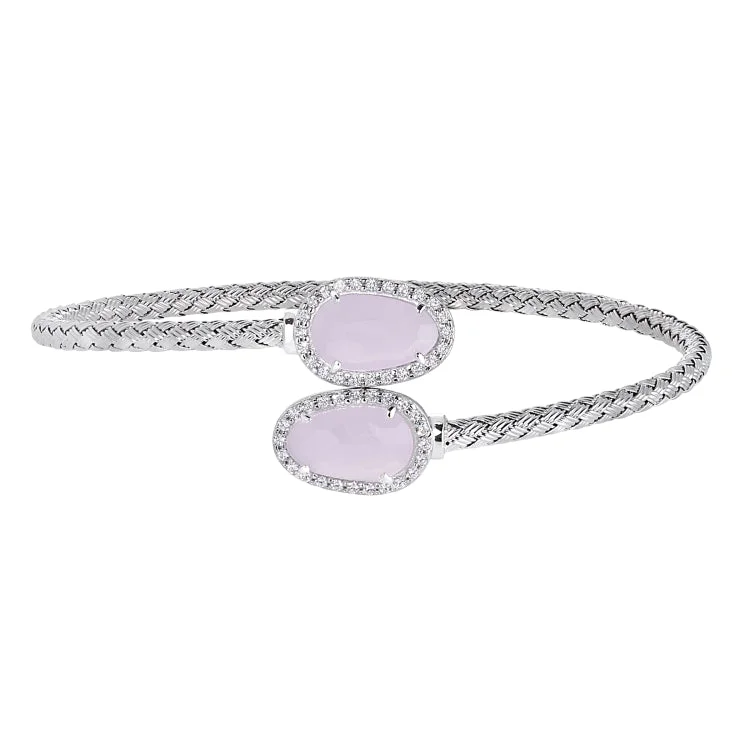 Silver chain bracelets for timeless elegance-Rhodium Finish Sterling Silver Basketweave Cable Cuff  Bracelet with Simulated Diamonds and a Pink Stone on Each End