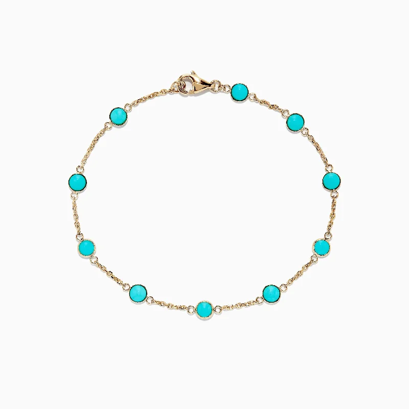 Delicate chain bracelets for everyday elegance-14K Yellow Gold Turquoise Station Bracelet, 2.35 TCW