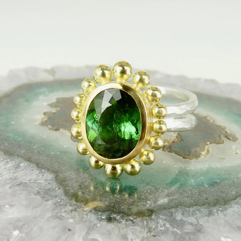 Custom wedding rings for unique ceremonies-18ct Gold & Silver Green Tourmaline Courtesan Ring