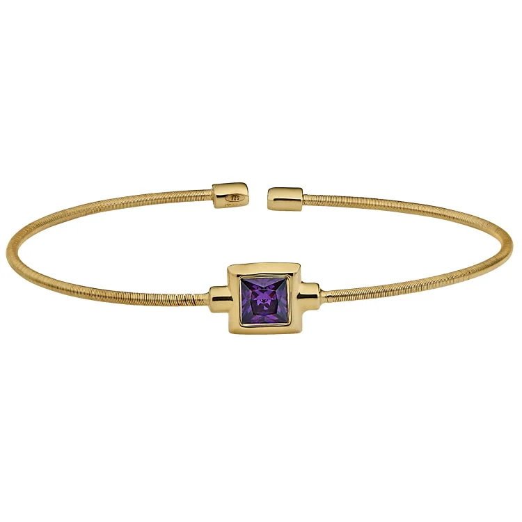 Gold-plated bracelets for a luxury look-Gold Finish Sterling Silver Cable Cuff Bracelet with Princess Cut Simulated Amethyst Birth Gem