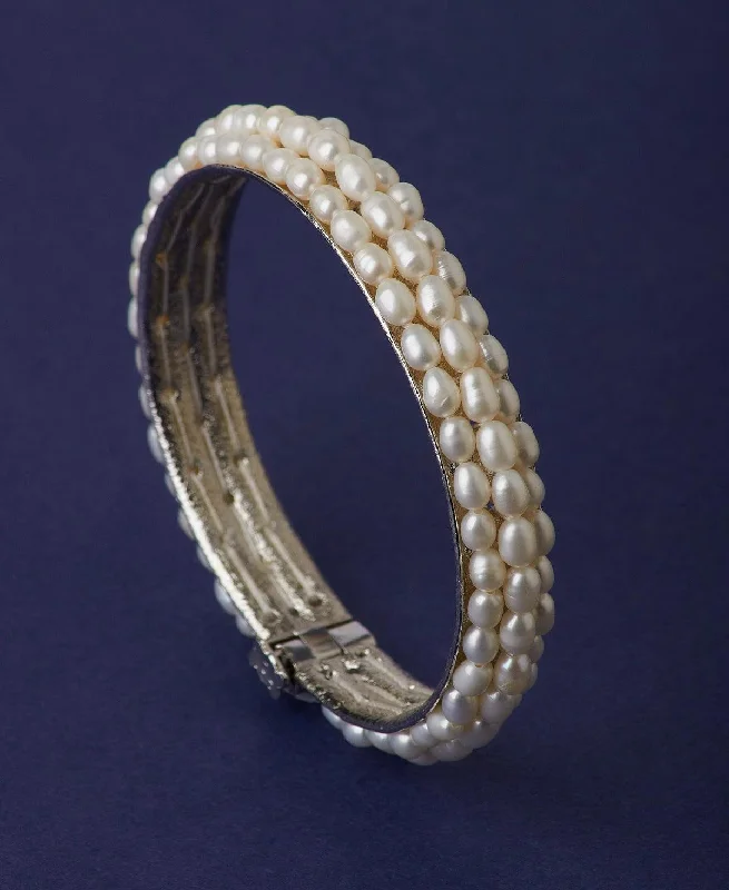 Custom engraved bangles with your name-Elegant Rhodium White Pearl Bangle