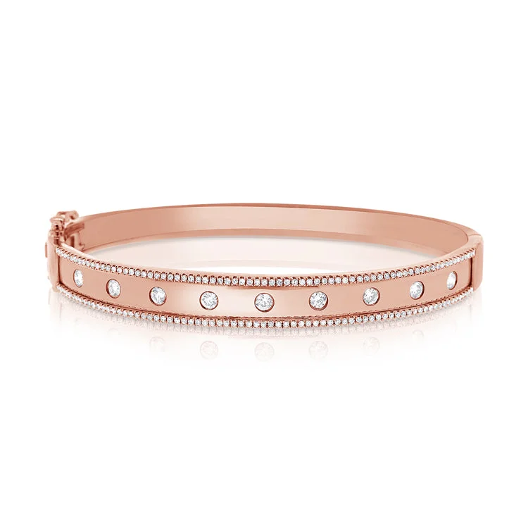 Elegant gold bangles for special occasions-14K Rose Gold Diamond Wide Border Bangle