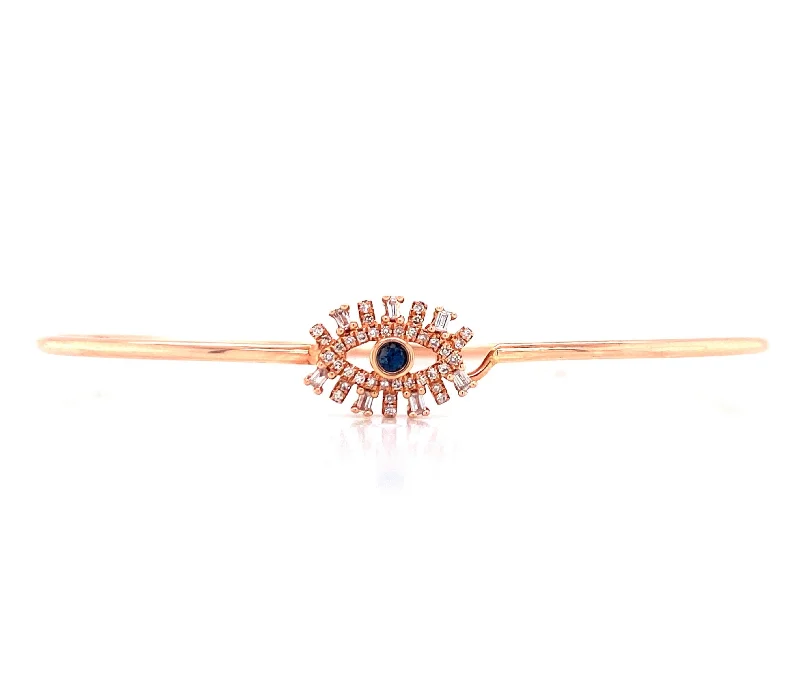 Adjustable crystal bangles for versatile fashion-14K Rose Gold Diamond + Sapphire Evil Eye Bangle