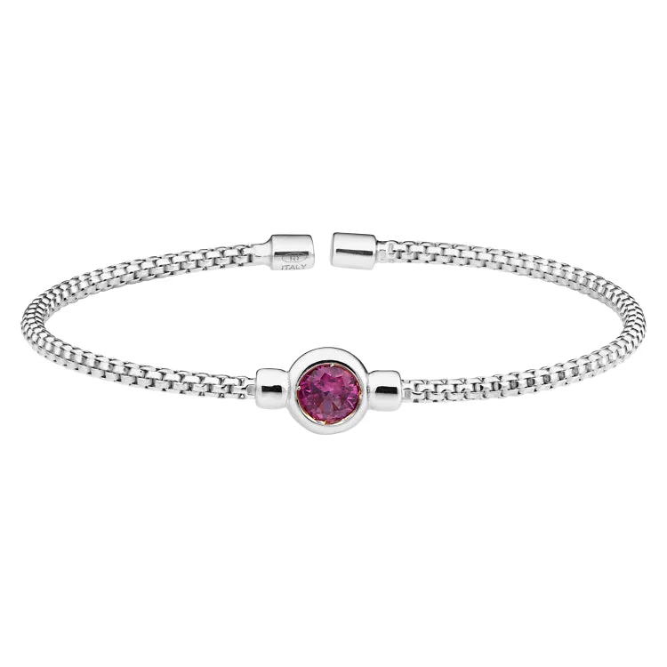 Sparkling tennis bracelets for elegant occasions-Rhodium Finish Sterling Silver Rounded Box Link Cuff Bracelet with Bezel Set Simulated Ruby Birth Gem