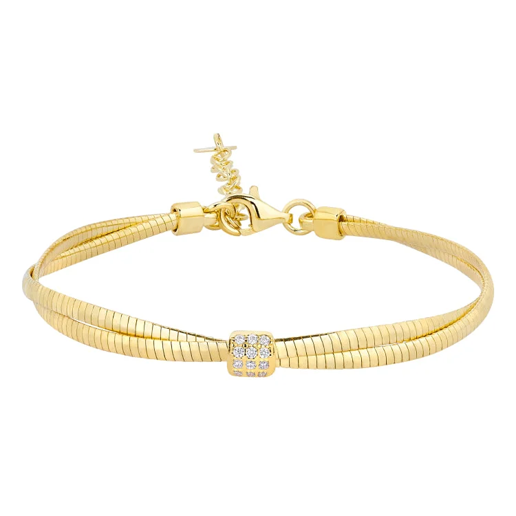 Diamond-studded bracelets for a luxurious touch-Gold Finish Sterling Silver Micropave Double Omega Bracelet with a Central Square with Simulated Diamonds - Adjustable 7"-8"