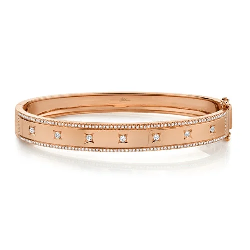 Designer bangles for high-end jewelry collections-14K Rose Gold Diamond Border + Square Accent Wide Bangle