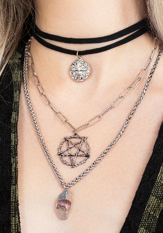 Sparkly crystal necklaces for adding glamour-Triune 3 Layered Necklace Pentagram and Crystal