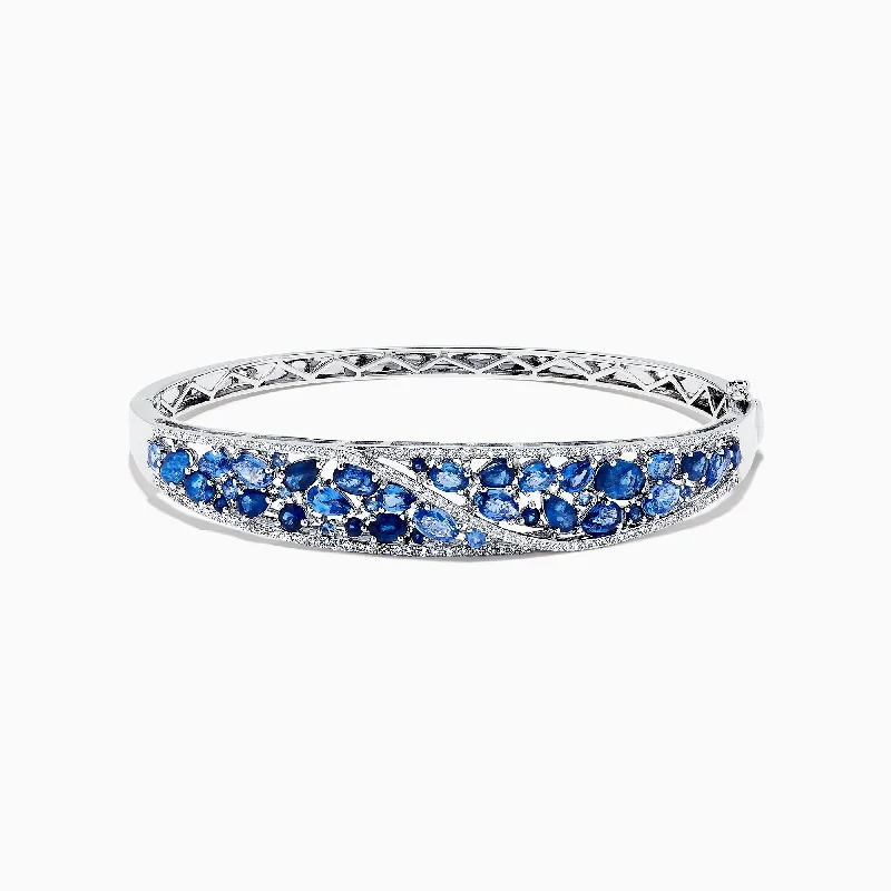 Braided leather bracelets for a rugged look-14K White Gold Natural Blue Sapphire & Diamond Bangle, 7.82 TCW