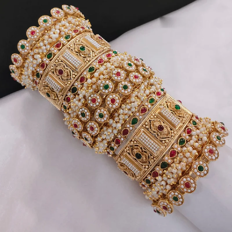 Personalized couple bangles for matching designs-Pooja Bangles Gold Plated Kundan Stone And Pearls Openable Bangle Set