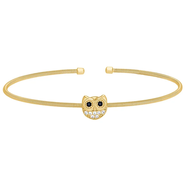 Custom logo bracelets for branded merchandise-Gold Finish Sterling Silver Cable Cuff Owl Bracelet with Simulated Diamonds