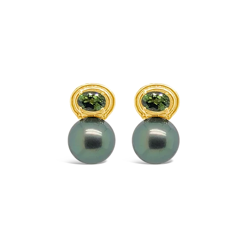 Simple gold earrings for a subtle yet elegant style-Tahitian Pearl & Green Tourmaline Earrings