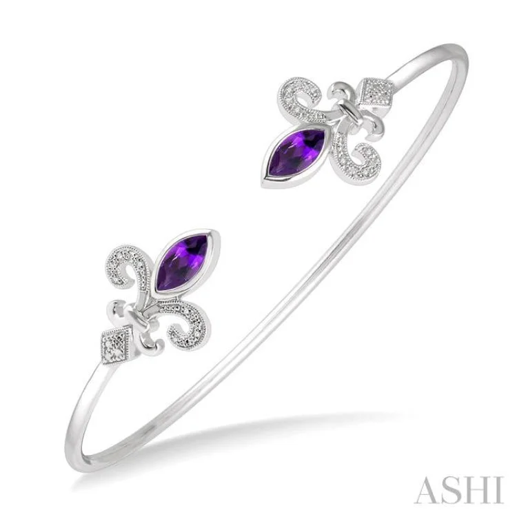 Custom bangles with gemstone embellishments-1/20 Ctw Marquise Shape 8x4mm Amethyst & Round Cut Diamond Fleur De Lis Flexi Bangle in Sterling Silver