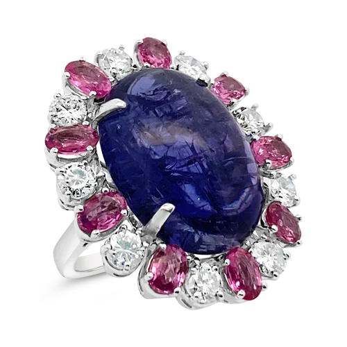 Trendy rose gold rings for modern elegance-Tanzanite, Pink Sapphire & Diamond Ring