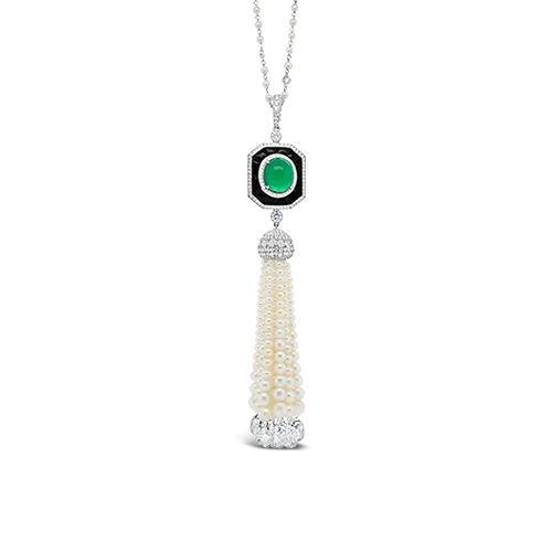 Delicate gold necklaces for sophisticated looks-Emerald, Diamond & Pearl Tassel Necklace