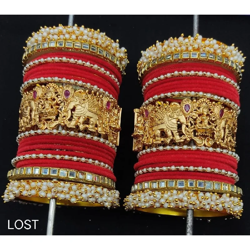 Luxury pearl bangles for sophisticated outfits-Akruti Collection Gold Plated Copper Temple  Bangles Set