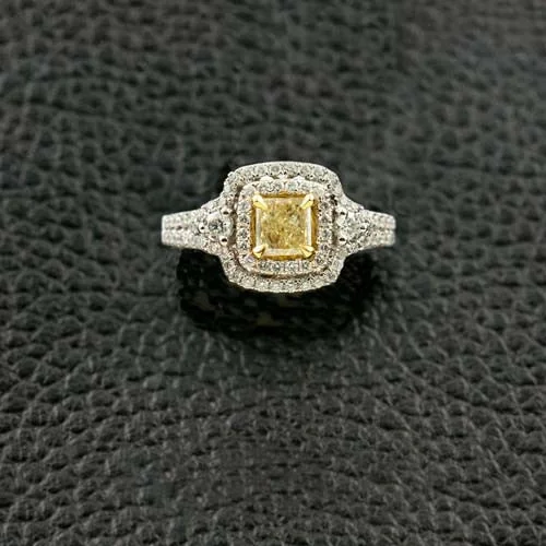 Unique wedding rings with personalized engraving-Radiant Yellow Diamond Ring with a Double Halo