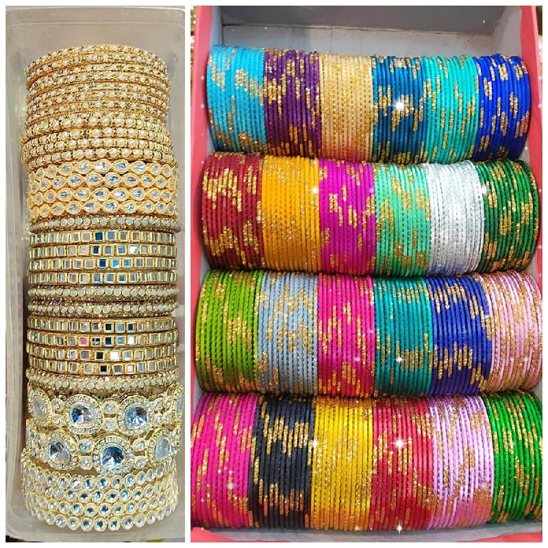 Custom bangles with initials for personalized gifts-Pooja Bangles Gold Plated Kundan Stone Metal Bangles Set (Assorted Color )