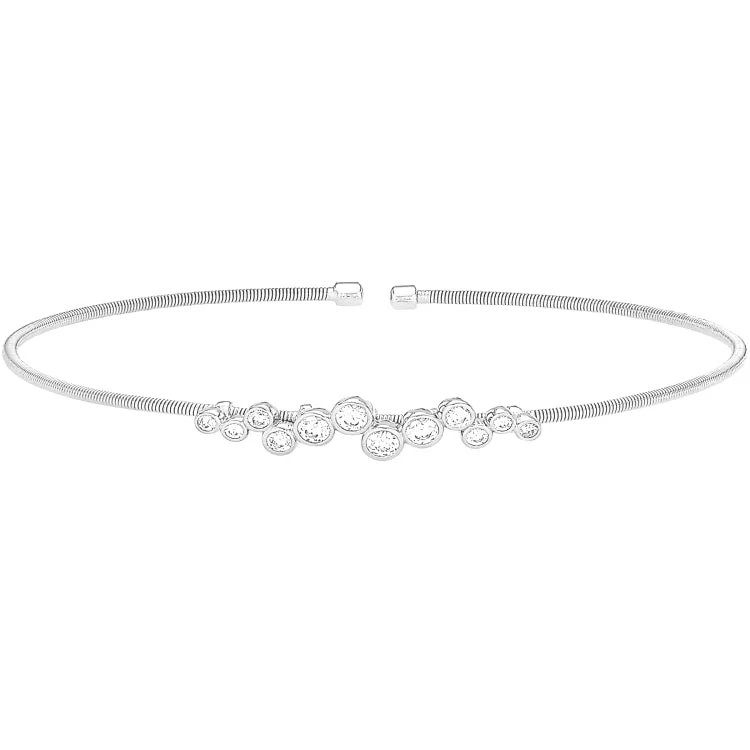 Trendy stacking bracelets for layered fashion-Rhodium Finish Sterling Silver Cable Cuff Bracelet with Bubble Pattern Simulated Diamonds