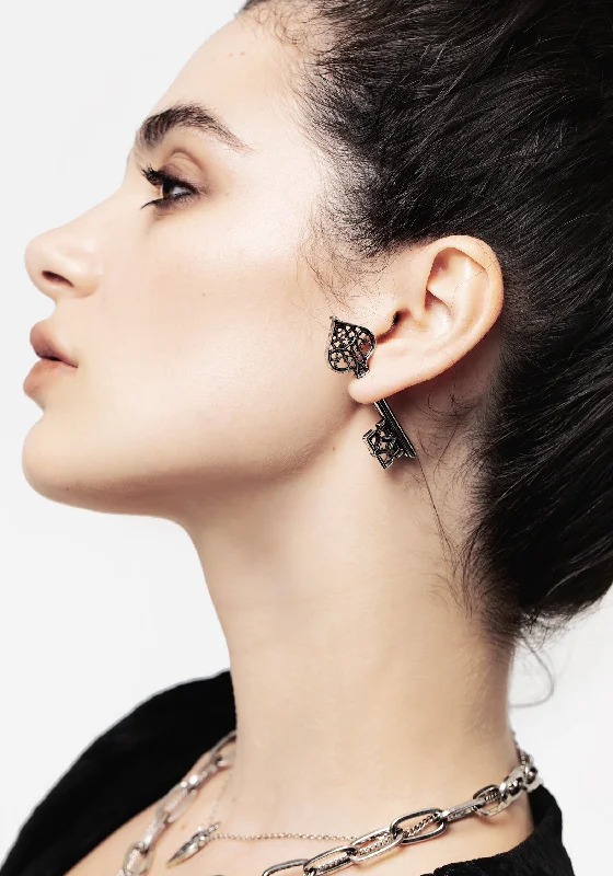 Layered earrings for trendy, boho looks-Claustrum Gothic Key Earrings