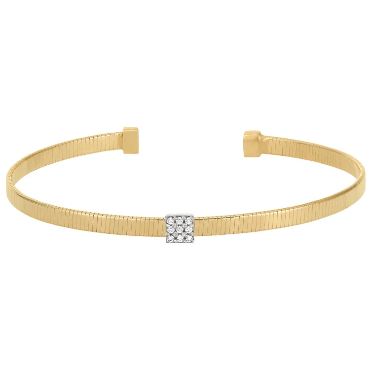 Friendship bracelets for special moments-Gold Finish Sterling Silver Single Cuff Bracelet with Rhodium Finish Simulated Diamond Square