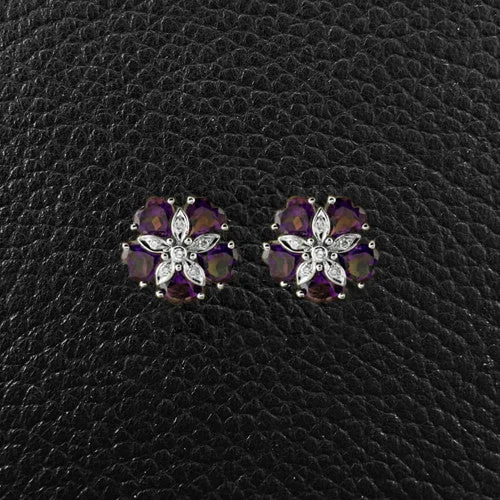 Lightweight earrings for comfortable wear-Amethyst & Diamond Flower Earrings