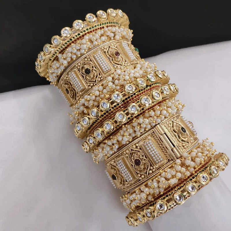 Classic gold bangles for timeless elegance-Pooja Bangles Gold Plated Kundan Stone And Pearls Openable Bangle Set