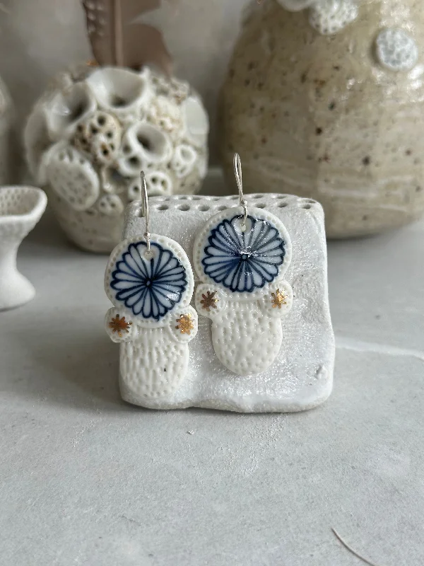 Multi-stone earrings for vibrant looks-Blue and white hand painted porcelain earrings with gold lustre detail.