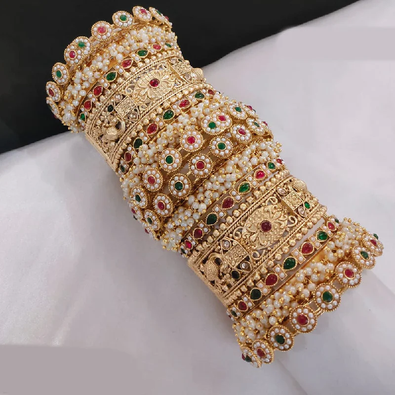 Modern bangle bracelets for contemporary style-Pooja Bangles Gold Plated Kundan Stone And Pearls Openable Bangle Set