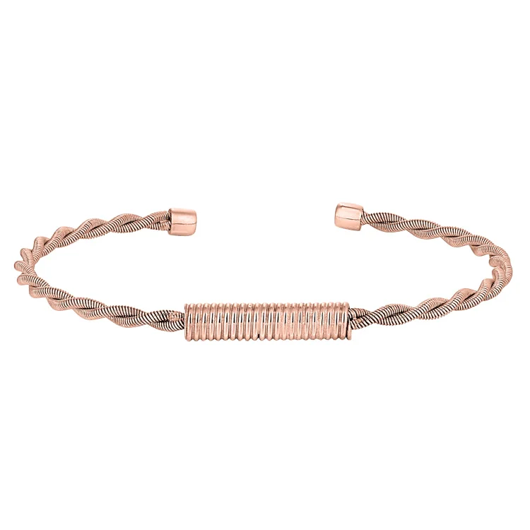 Handwoven bracelets for bohemian-inspired looks-Rose Gold Finish Sterling Silver Tightly Twisted Cable Cuff Bracelet with Central Twisted Coil