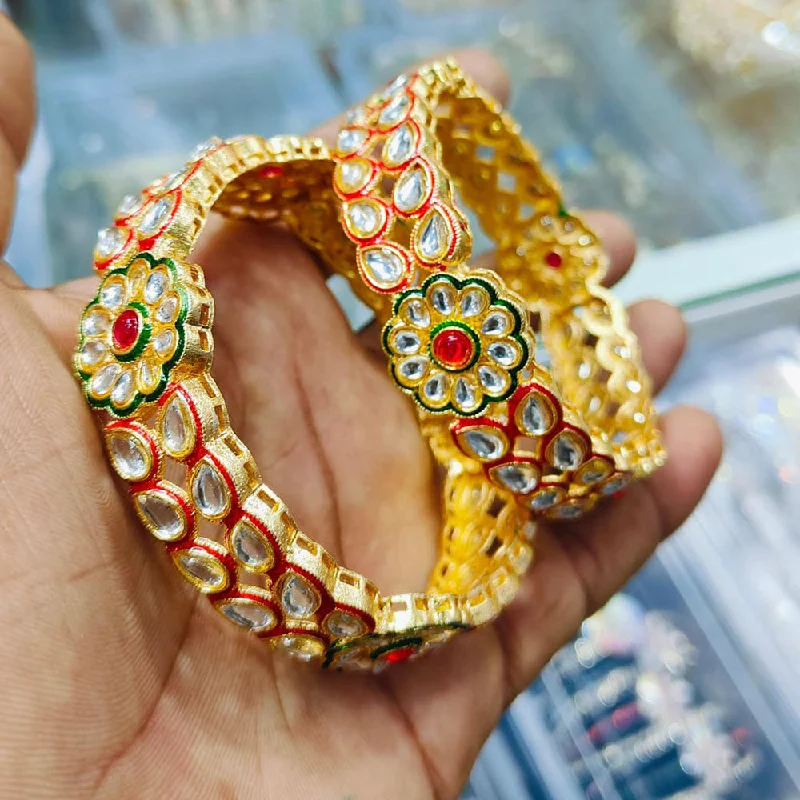 Handcrafted bangles for unique fashion accessories-Pooja Bangles Gold Plated Kundan Stone Bangles Set