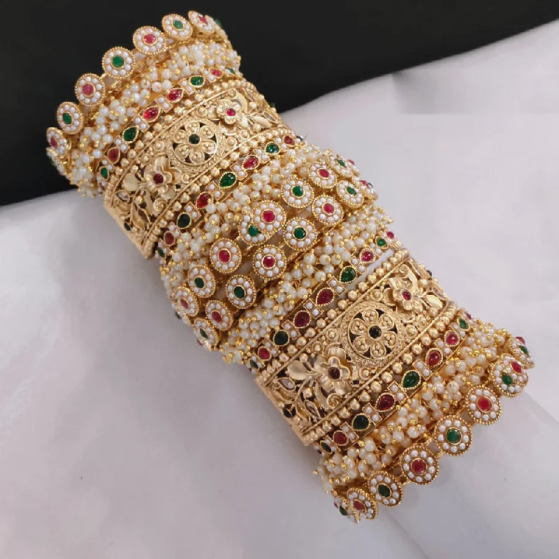 Adjustable bangles for a comfortable fit-Pooja Bangles Gold Plated Kundan Stone And Pearls Openable Bangle Set