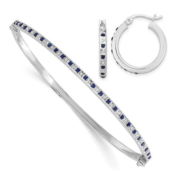 Trendy woven bracelets for a cool, casual style-Sterling Silver Diamond & Blue Sapphire Bangle Bracelet and Round Hoop Earrings Set