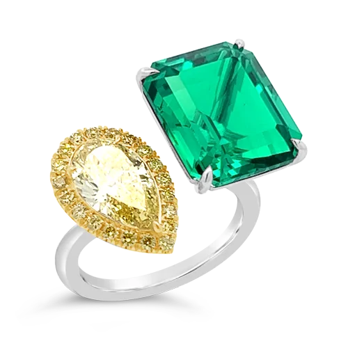 Classic wedding bands for simplicity and style-Emerald & Yellow Diamond Bypass Ring