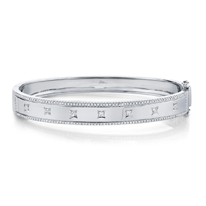 Vintage-inspired bangles for a retro style-14K White Gold Diamond Border + Square Accent Wide Bangle