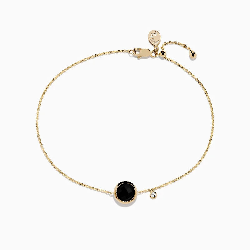 Trendy stacking bracelets for layered fashion-14K Yellow Gold Onyx and Diamond Bolo Bracelet