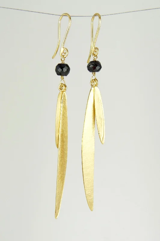 Unique tassel earrings for creative fashion statements-Lily Long Double Leaf Earrings with Black Spinel