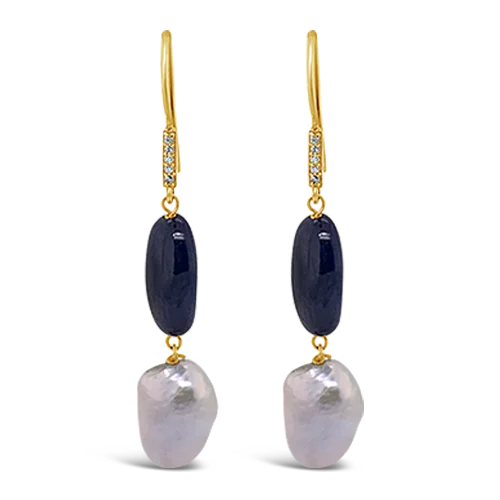 Layered earrings for trendy, boho looks-Pearl & Sapphire Dangle Earrings