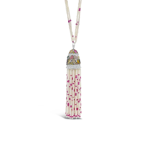 Layered pendant necklaces for trendy, chic looks-Pearl & Multi-color Sapphire Tassel Necklace